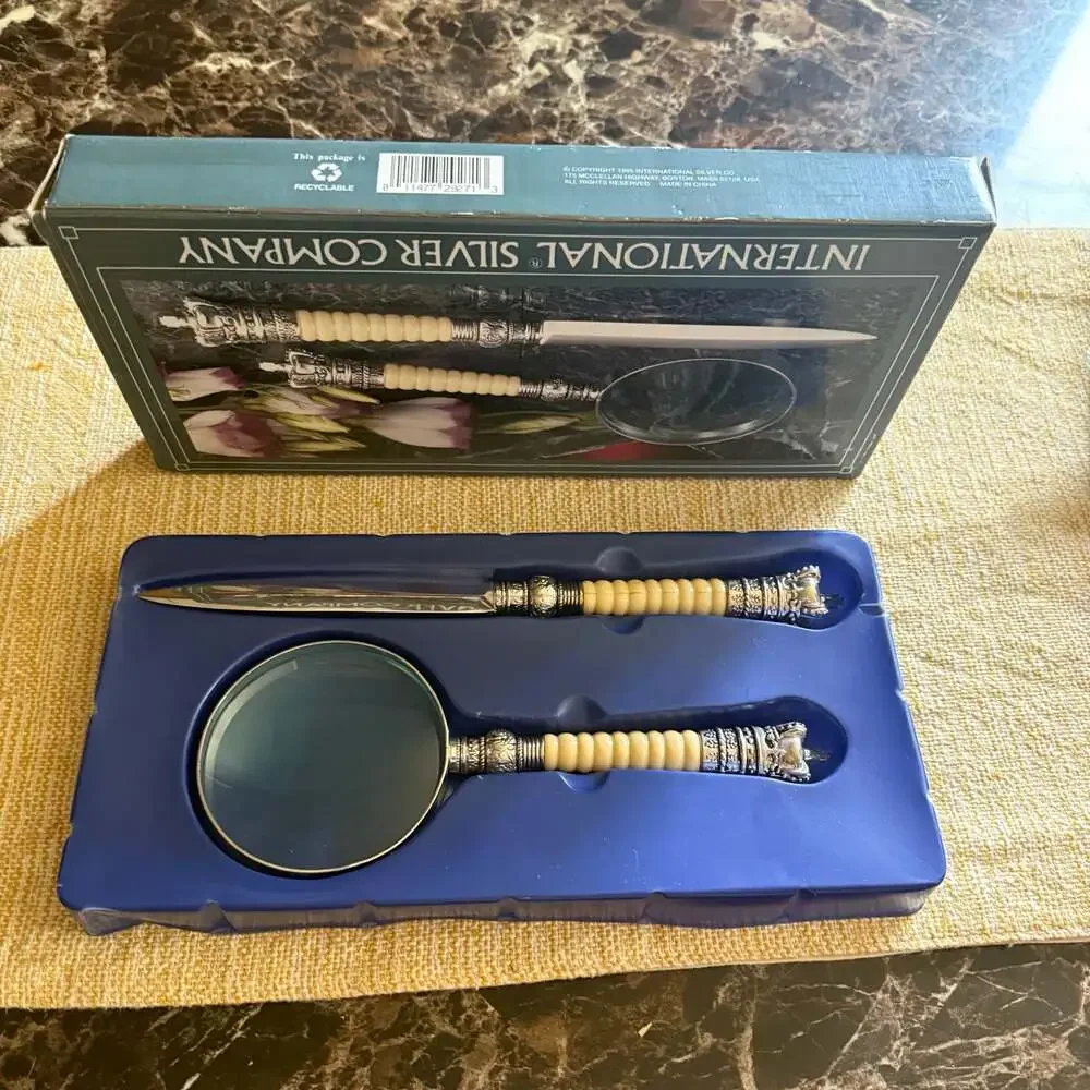 International Silver Company Silverplated Glass Magnifier & Letter Opener Set No